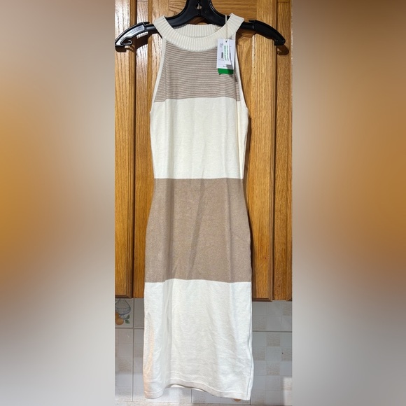 NWT Guess Danica Tan/Beige Midi Sheath Dress Halter Sleeveless Small Rayon - Picture 1 of 10